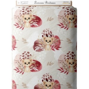  Tissu lionceau bordeaux – Motif aquarelle savane – Tissu coton Oeko-Tex bébé et enfant Mercerie des Princesses