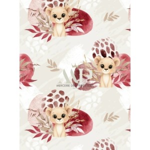  Tissu lionceau bordeaux – Motif aquarelle savane – Tissu coton Oeko-Tex bébé et enfant Mercerie des Princesses