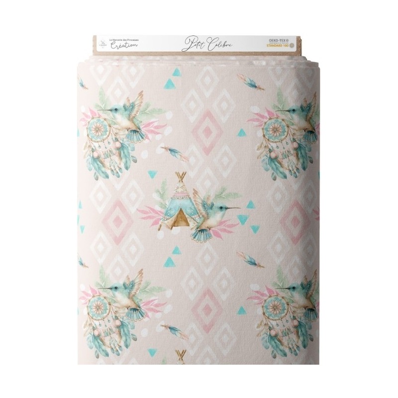 Tissu Petit Colibri Boho– Motif Aquarelle Colibri – Tissu coton Oeko-Tex bébé et enfant Mercerie des Princesses