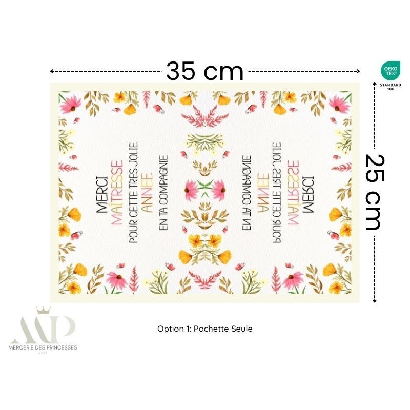 Kit création couture Pochette & Lingettes “Merci Maîtresse” Fleurs Colorées – Oeko-Tex idée cadeau fin d’année scolaire Mercerie