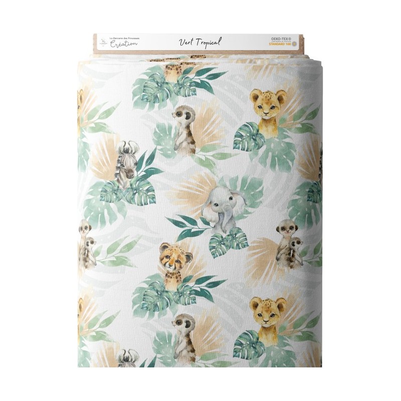 Tissu coton imprimé pour enfants Tropical Vert - Certifié Oeko-Tex® Mercerie des Princesses