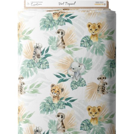 Tissu coton imprimé pour enfants Tropical Vert - Certifié Oeko-Tex® Mercerie des Princesses